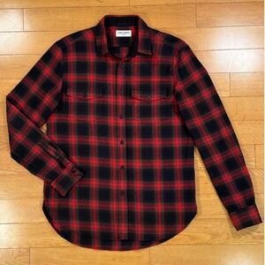 Saint Laurent Paris Mens Medium Red Black Plaid Flannel Shirt Y2K Indie Sleeze
